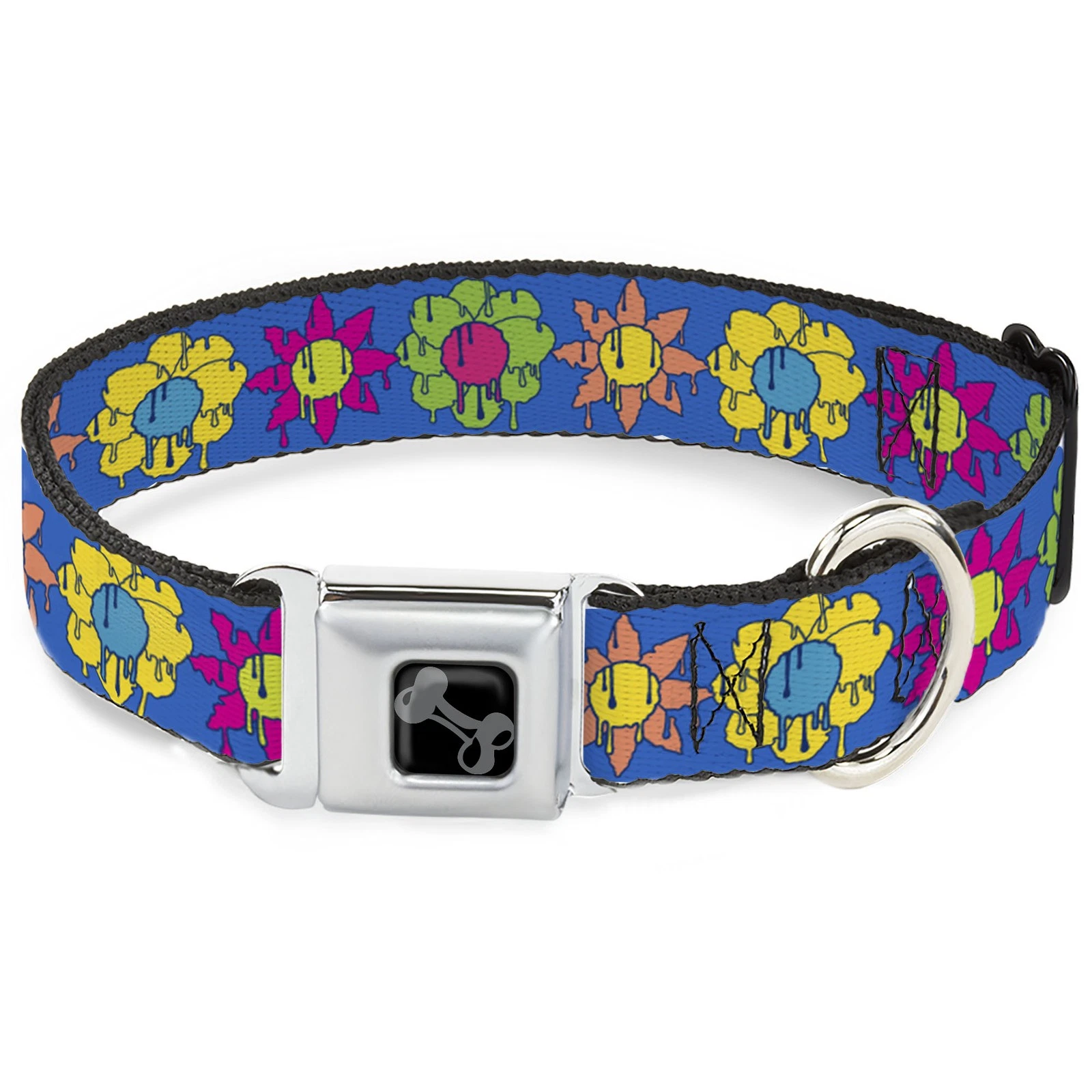 Dog Collar Bone Funky Flower Drip Blue/Multi Color WIDE-Small 13-17"