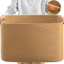 Blanket Basket for Living Room, Toy Basket With Leather Handle,