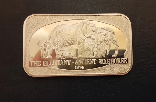 1974 ELEPHANT Ancient Warhorse #0616 USSC 1oz 999 FINE Silver bar HTF!!