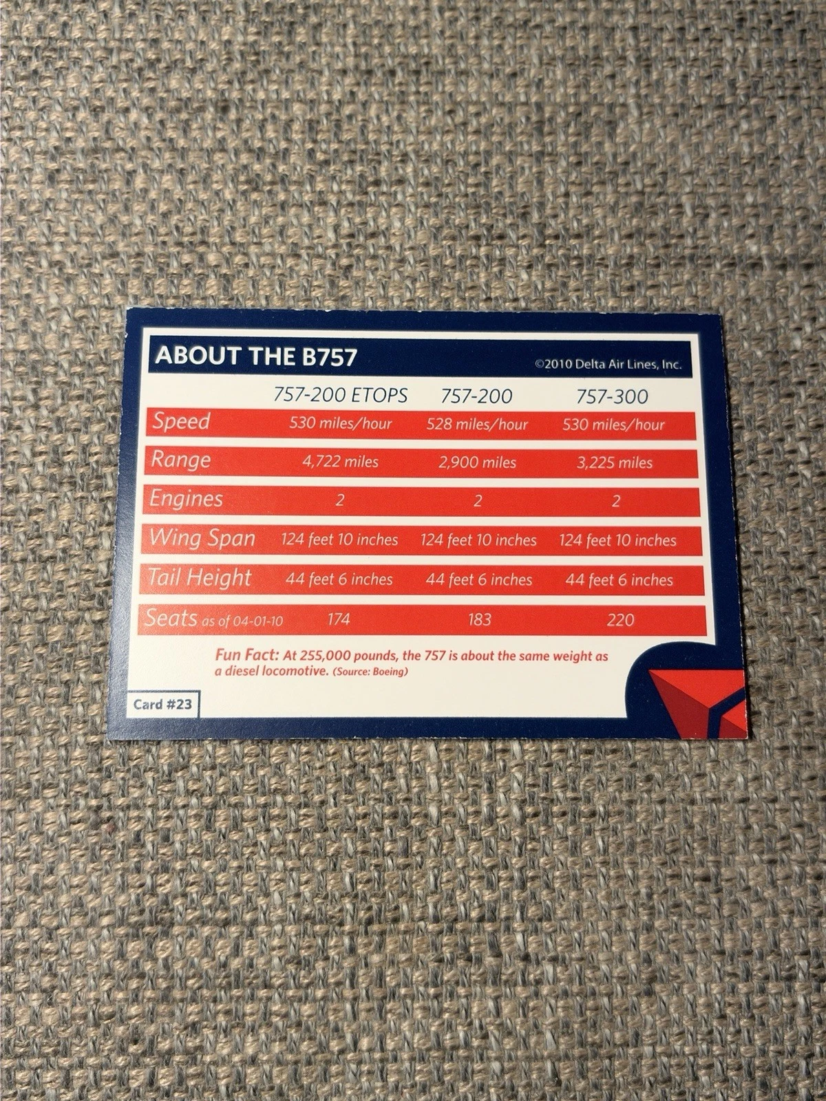 2010 Delta Air Lines Pilot Trading Card “B757” #23V - product detail image 2