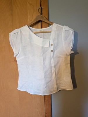 Lintico 100% Linen Crescent Collar Flutter Sleeve Top FARA Women's M Optic White