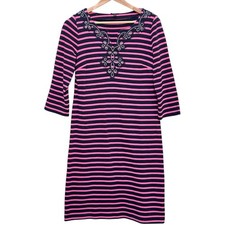 Talbots Dress Women’s Pink Navy Striped Shift Embroidered Coastal Preppy Medium