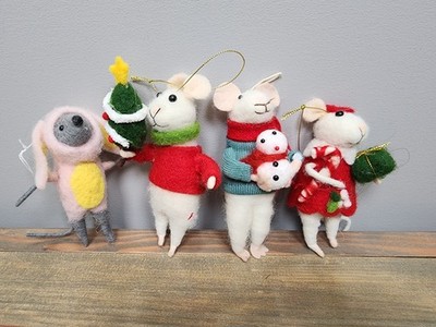 Felted Wool Animal Mouse Mice Lot Of 4 Christmas Tree Ornament Set