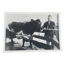 Vtg 1950s Farm Photo Man with Cow Snow Suit Kodak B&W Rural Winter Snapshot
