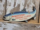 VINTAGE WINCHESTER PORCELAIN SIGN OLD FISHING LURES SALMON TROUT TACKLE BAIT