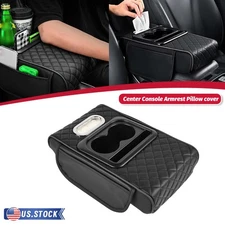 Car Armrest Box Center Console Storage Box Cushion Cup Holder Universal Black