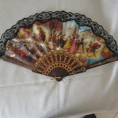 Victorian Lace Folding Hand Fan Scenic Design Black Multi-Color Women Party