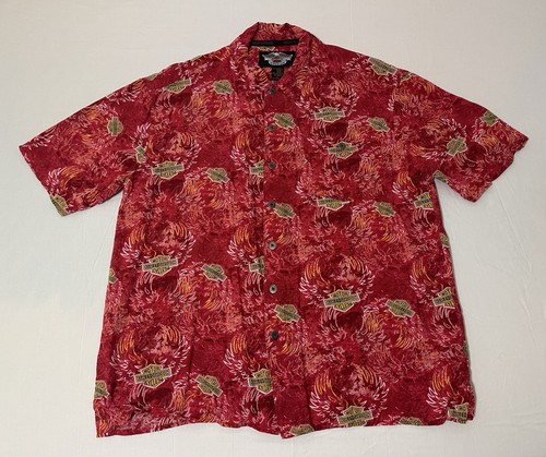 Harley Davidson Hawaiian Shirt Mens L Red Eagle All Over Button Camp Aloha