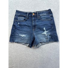 Universal Thread High Rise Midi Denim Shorts Dark Wash Distressed Raw Hem Size 4