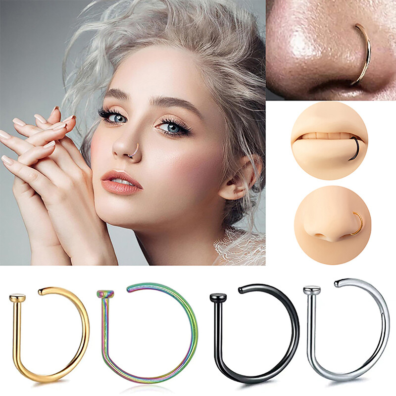 Curved Barbells Fake Nose Piercing D Shaped Tragus Helix Stud Ring