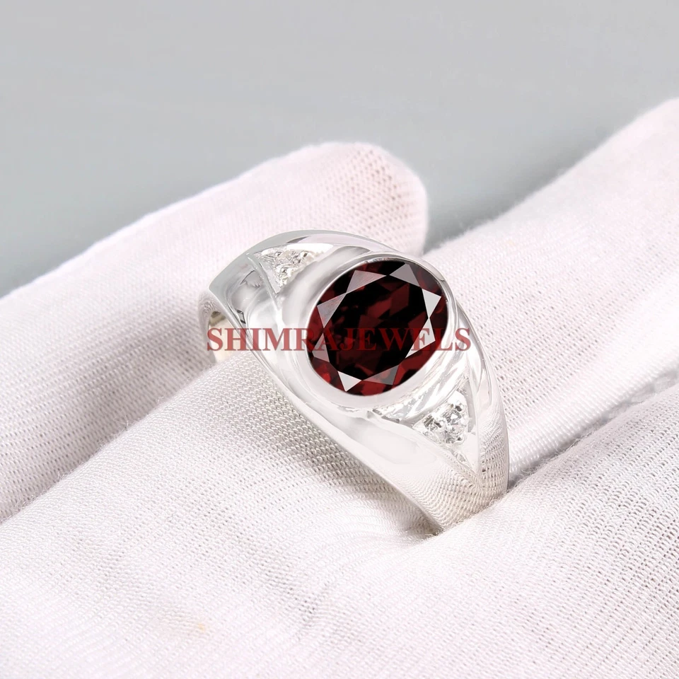 Naturale Granato Gemma Con 18K Placcato Oro Bianco Argento Uomo Anello #193 - Immagine 2 di 4