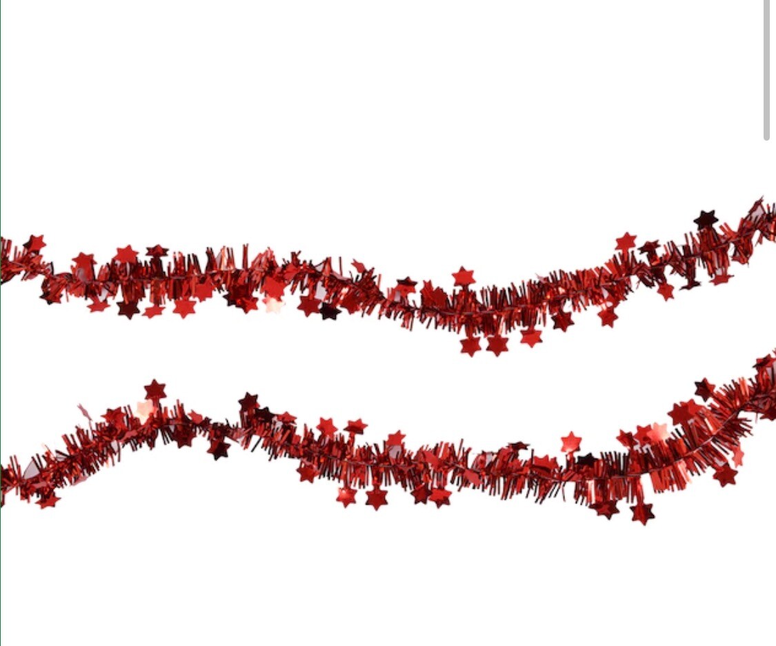 20 Ft. red Mini Christmas tree tinsel garland with stars holiday decor