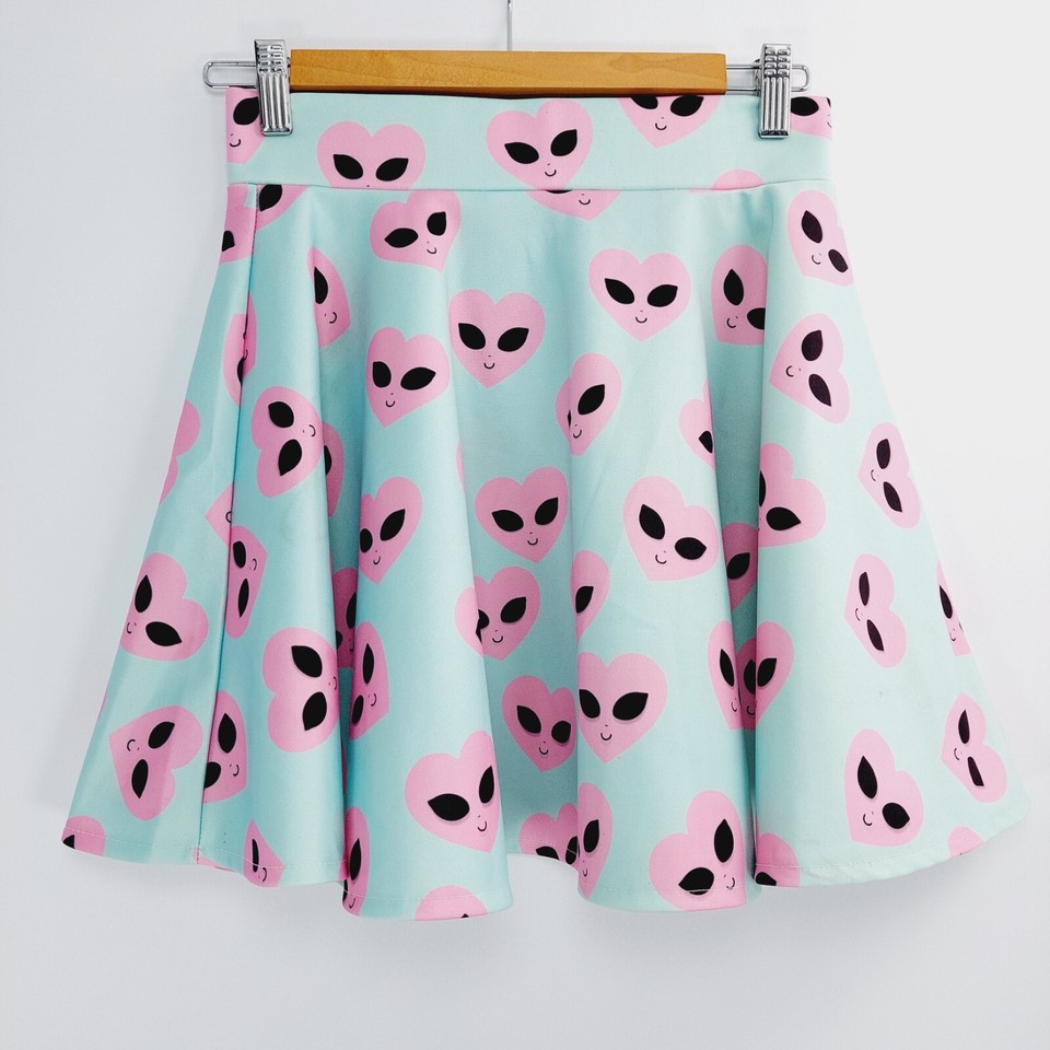 OMighty Skater Skirt Womens Size M L Blue Alien Hearts Short Mini Cute Circle