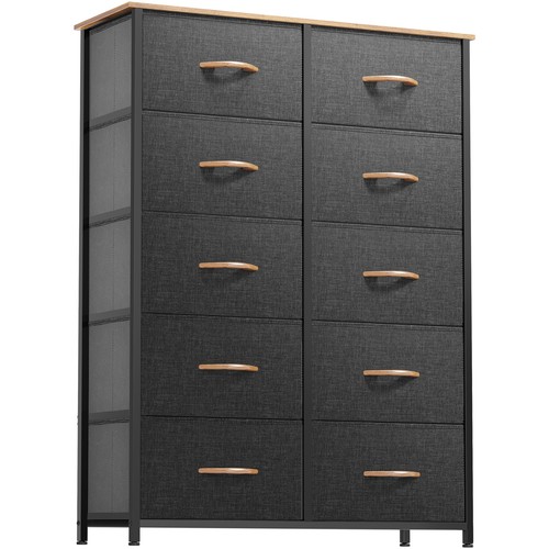 Dresser 10 Drawers Fabric Storage Tower Shelf Organizer Nightstand Wooden Top - Picture 39 of 40