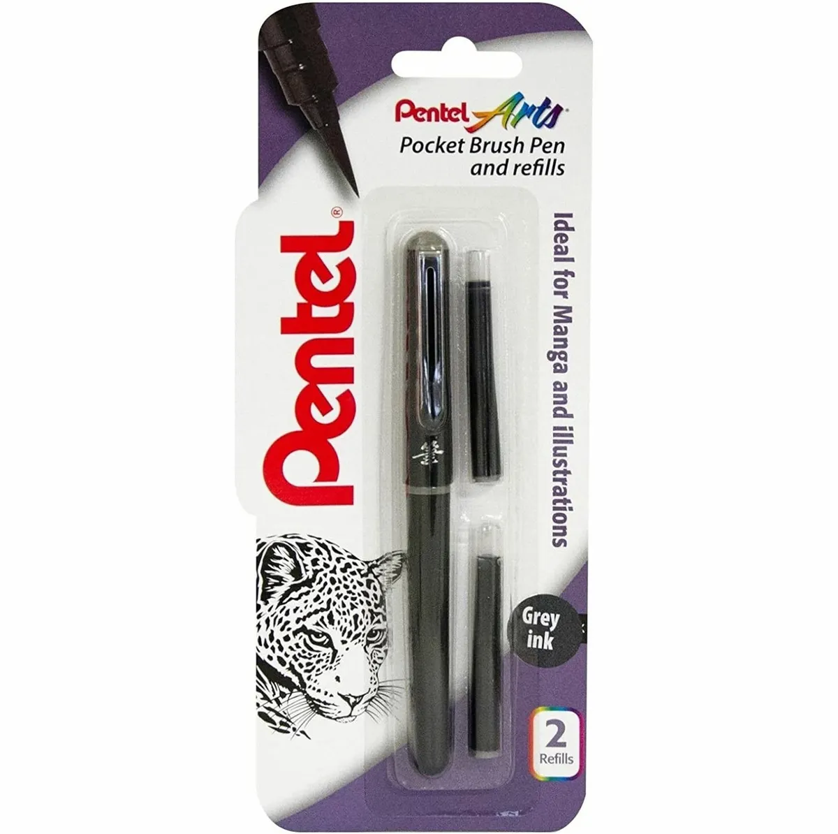 Pentel Pocket 'Chinese' Brush Pen & 2 Refills (FP10) - Black Barrel - Grey  Ink