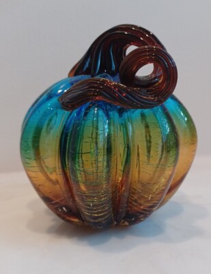 Art Crackle Glass Pumpkin Fall Decor Twisted Stem Amber Gold Teal 5'' BEAUTIFUL