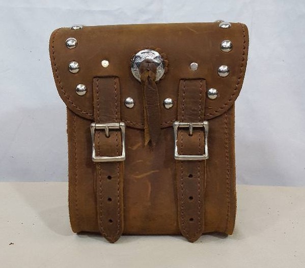 Handmade Crazy Horse Brown Sissy Bar Bag for Motorcycle w/ Studs and