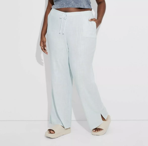 Women's Mid-Rise Wide Leg Relaxed Linen Pants - Wild Fable Light Blue XXL