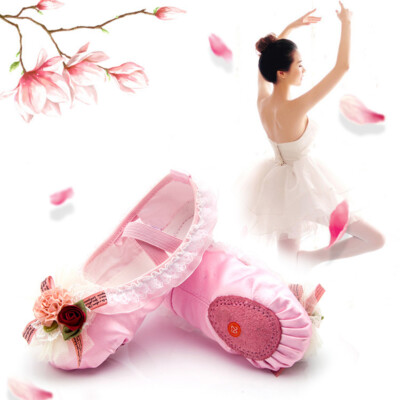 Children Ballet Dance Shoes Flower Lace Silky Satin Soft Leather