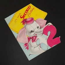 American Greetings Second Birthday Card Anthropomorphic Elephant Pink Hat Vtg