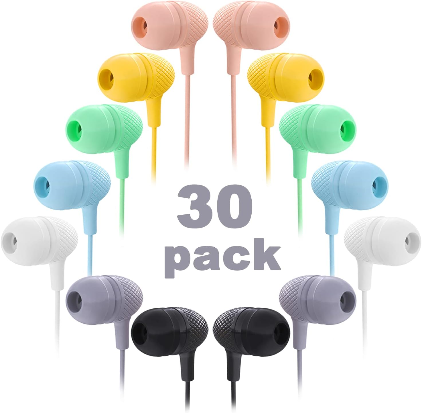 Kids Earbuds Bulk 30 Pack Macaron Colors Mixed, Wholesale Durable Earphones In-E