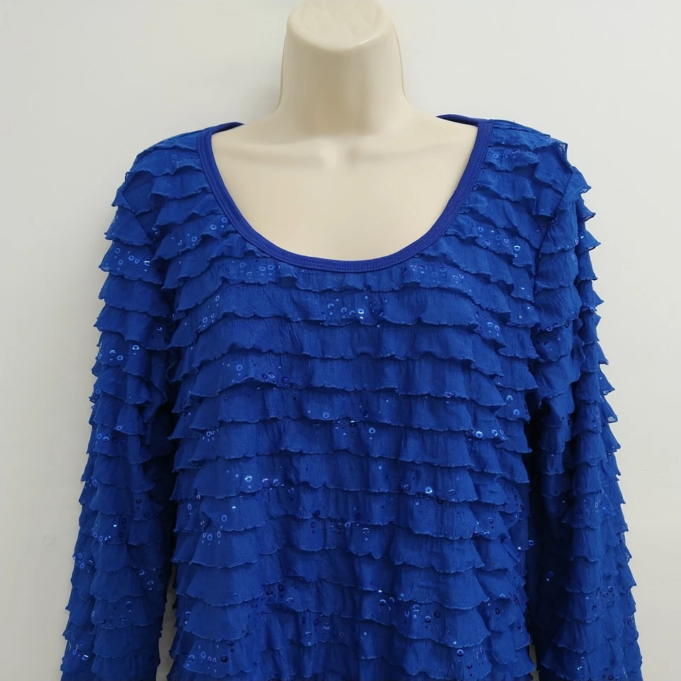 Blusa feminina marca skinky grande azul lantejoulas macias brilhante gola redonda clássica feminina - Imagem 3 de 4