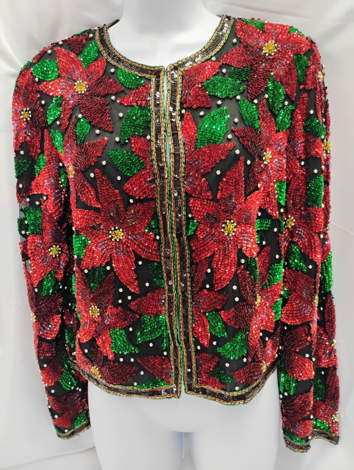 Laurence Kazar Paris New York Vintage Poinsettia Sequin Jacket Size Small
