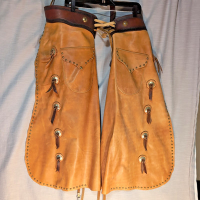 Vintage Leather Western Rodeo Chaps Studded Cowboy Bull Riding Tan Brown