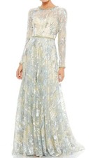 Mac Duggal 12460 Long Sleeve Embellished Mesh Gown SZ 6 Platinum Mrsp $798