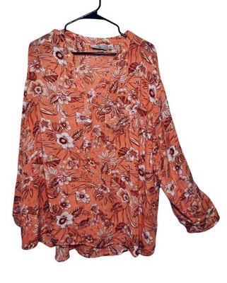OSO Casuals Floral V-Neck Long Sleeve Peach Pullover Top W Sequins Pocket 2X New
