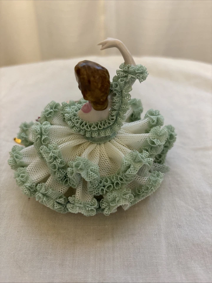 Dresden Lace Sitting Ballerina in Green Dress w/pink Roses - See Pics & Descript - Image 3 of 4