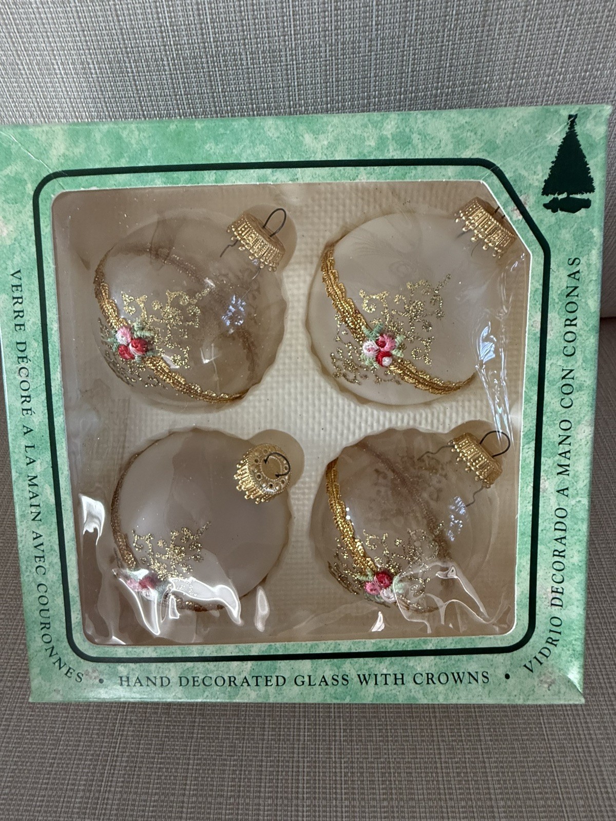 Vtg Christmas By Krebs Glass Ornaments Hand Decorated Glitter Ribbon Set Of 4