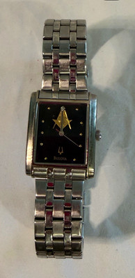 Bulova Masonic Quartz Rectangle 38mm Black/Gold Dial Stainless Watch Lodge #386