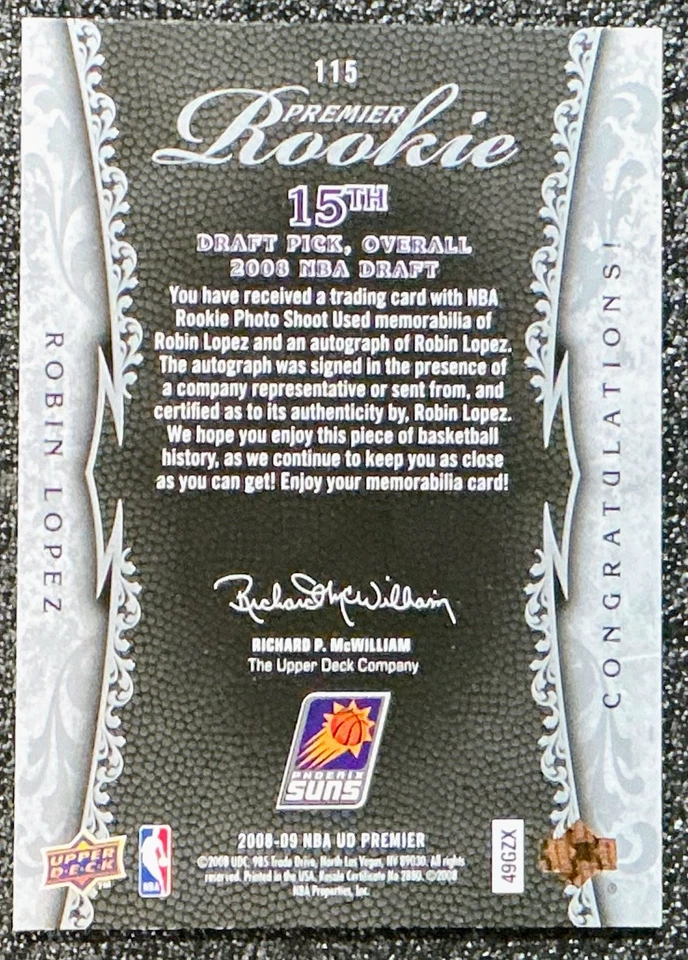 Robin Lopez 2008-09 NBA UD Premier #115 Premier Rookie Patch Auto /199 (RC, AU) - Image 2 of 2