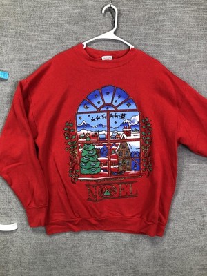 Vintage Holiday Time Sweatshirt Womens XL Red Noel Window Christmas Glitter USA