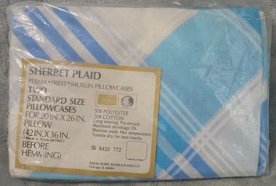 2 Vtg Sears Pillowcases Blue Sherbet Plaid Perma Prest Muslin Standard Size NOS