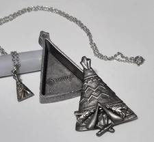 VTG Torino Pewter Brooch Necklace Earrings Jewelry Trinket Box Tipi Tent Aztec