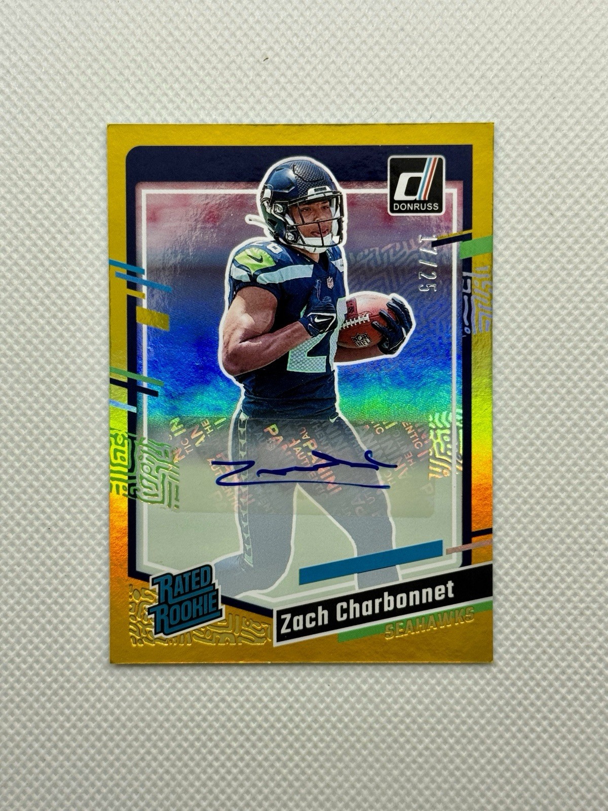 2023 Donruss Zach Charbonnet #392 Rated Rookie Gold Auto #17/25 Seahawks