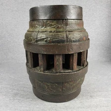 Antique Primitive Wood and Forged Iron Wagon Wheel Hub 14 Spoke Wooden Was Lamp