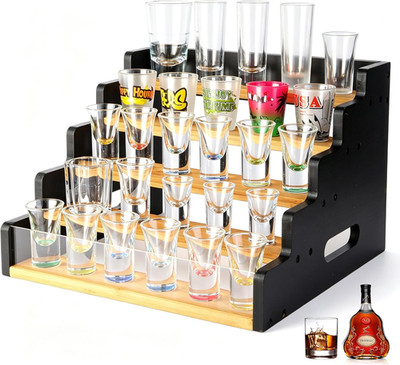 5-Tier Shot Glass Holder, Wooden Shot Glasses Display Stand, Shot Glasses Storag