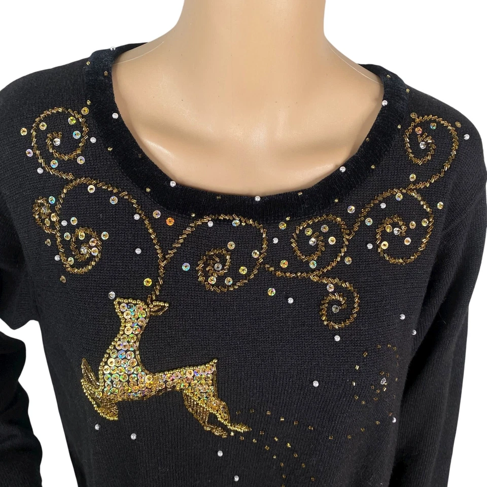 Quacker Factory Black Gold Reindeer Festive Holiday Xmas Embellished Sweater L - Image 4 of 4