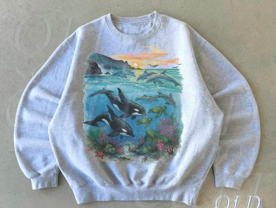 ¡OFERTA! Sudadera Orcas Sunset Sea Scene Vintage Años 90, Suéter Retro Ocean Dolpin,