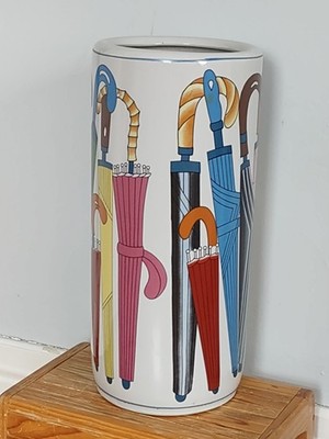 Vintage Ceramic Umbrella Holder Painted W/Colorful Umbrellas