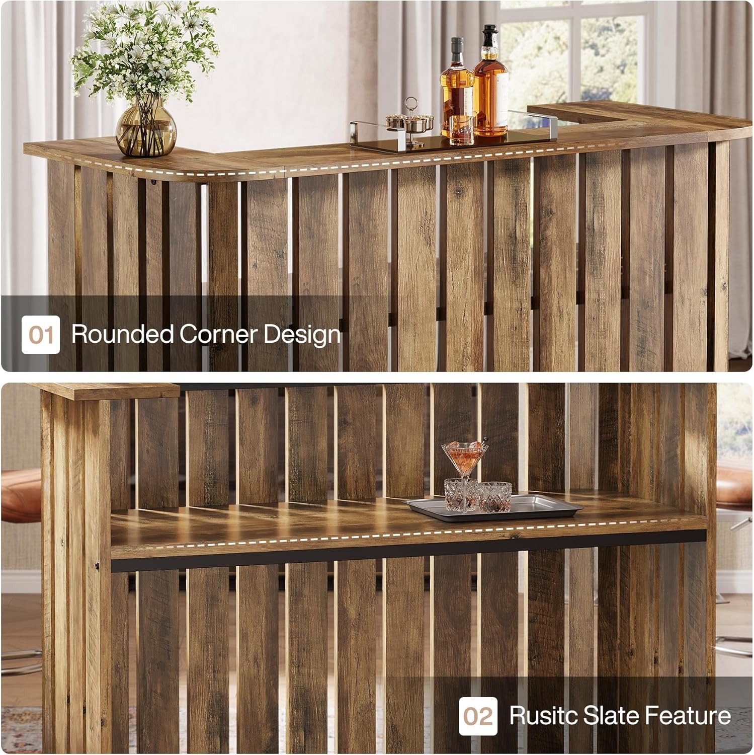 Home Liquor Bar Table, 2-Tier Farmhouse Mini Bar Table for Home Pub, Bistro