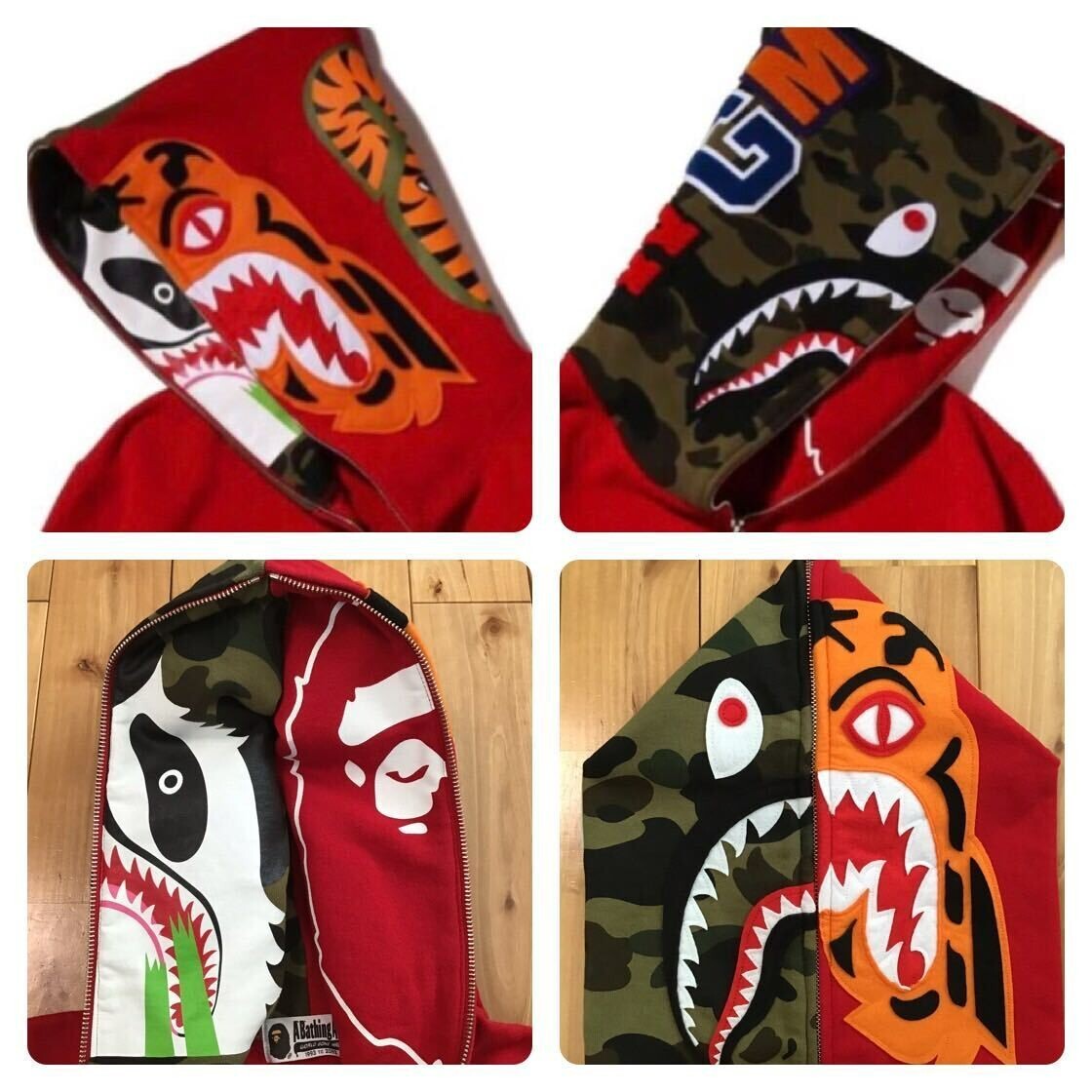 BAPE Crazy Face Tiger Shark full zip Hoodie Red A Bathing Ape Size