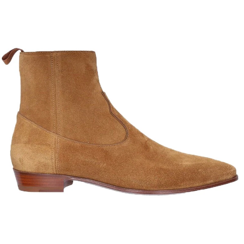 Retro Mens Pointed Toe Chelsea Ankle Boots Real Suede Leather Zipper Nightclub 9 - Image 2 of 4