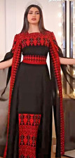 Women Palestinian Embroidered Kaftan Black Open Sleeve Traditional Tatreez Thobe