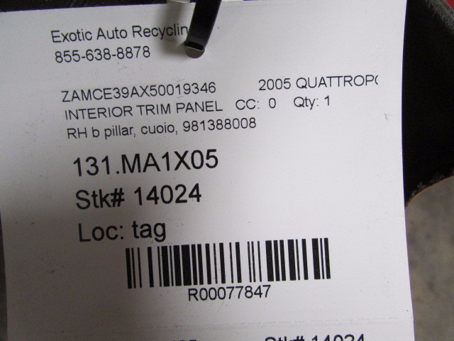 Maserati Quattroporte, RH, Right B-Pillar Trim Panel, Cuoio, Used, P/N 981388008