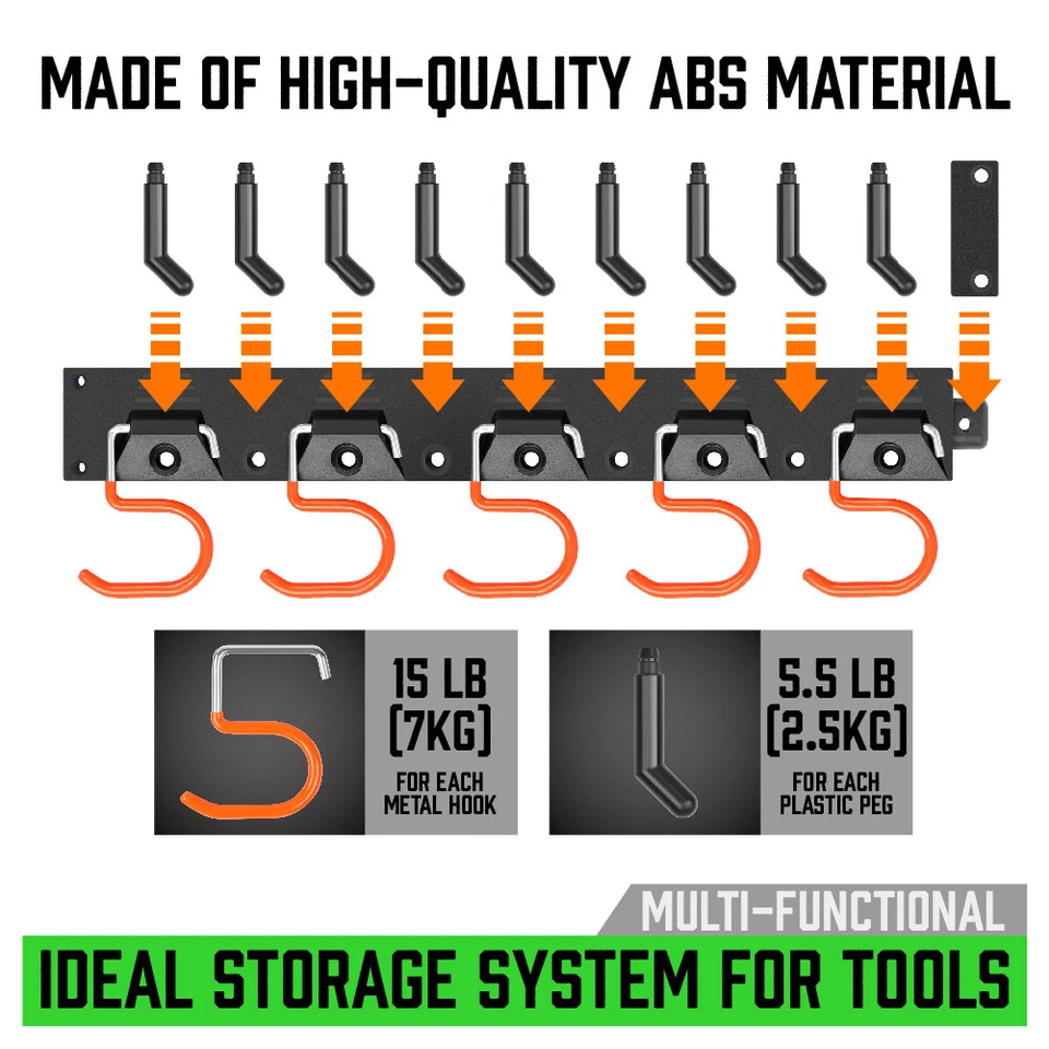 Sistema de armazenamento ajustável 64 polegadas suportes de parede organizador de garagem 4 trilhos 20 ganchos - Imagem 3 de 4