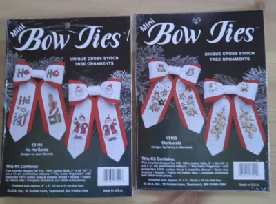 2 JCA Mini Christmas Bow Ties Counted Cross Stitch Tree Ornaments